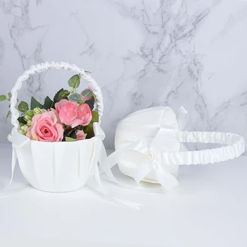 1pc Poroko Cvetna Košarica Beli Saten Poroko Cvet Dekle Košaro za Shranjevanje Košarico Rose Posoda Za Poročno Dekoracijo Dobave