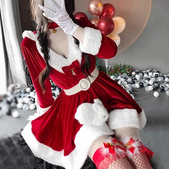 2021 Ženske Božič Božič, Gospa Božiček Cosplay Kostum Seksi Perilo Pozimi Dolg Rokav Rdečo Obleko Devica Zajček Dekle Enotna