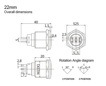 22 mm Self-vrne Trenutni samozapiralni Komplementa Nepremočljiva DPDT Osvetljena Kovinska Selektor Rotacijski Stikalo za Položaj z 2/3
