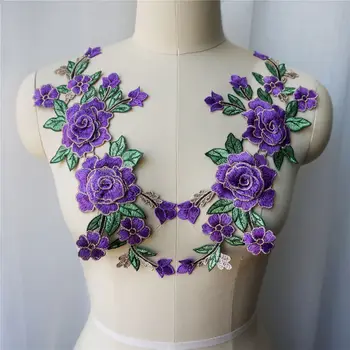2PCS Purple Rose 3D Cvetje Vezene Obleke Appliques Čipke Tkanine Trim Ovratnik Sew Obliži Za Poročno Dekoracijo Obleko DIY