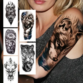 3D Realistična Volk Začasne Tetovaže Za Ženske, Moške Odrasle Tiger Lobanje Jelena Nakit Tattoo Nalepke Lev Black Ponaredek Živali Tatoos