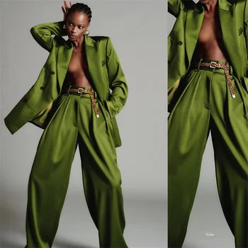Avokado, Zelena Ženske Obleke, 2 Kosa Stranka Obleko Z Leopard Pasu Moda Plašč+Širok Noge Hlače Modni Prilagojene