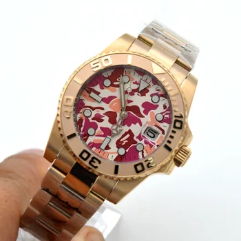 Brandless Luksuzni Rose Zlata Primeru 40 mm, Vrtljivo Keramične Plošče Self-navijanje za Moške Gledajo Datum Okno Samodejni Watch Strojev