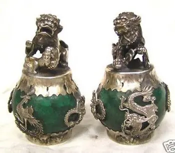 HANDWORK tibera srebro Green Jade Carving Številke Zmaj Phoenix lev foo pes Kip orodja poročni Dekoracijo, Medenina