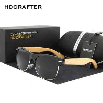 HDCRAFTER Semi-Rimless Les, sončna Očala PC Okvir Ročno Bambusa Sunglass Moških Lesena Očala za Sonce Ženske Oculos de sol masculino