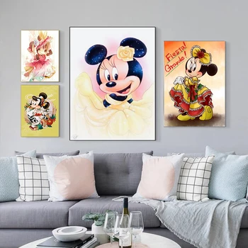 Minnie Mouse Princesa Risanka Platna Slike Disney Anime Plakatov in Fotografij Stenskih slikah, za Dnevna Soba Dekoracijo Doma