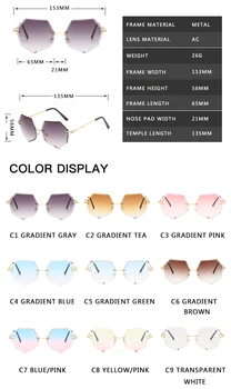 Moda Lady sončna očala 2020 Rimless sončna Očala Ženske blagovne Znamke Oblikovalec Zlitine Okvir Klasičnih Očal Odtenki OculoS De Sol