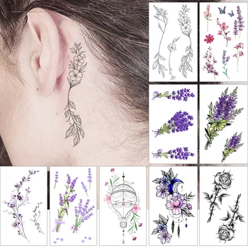 Nepremočljiva Začasni Tattoo Nalepke Uho Tanke Linije Cvetje Akvarel Sivke Flash Tattoo Ponaredek Tatto Za Body Art Ženske Moški