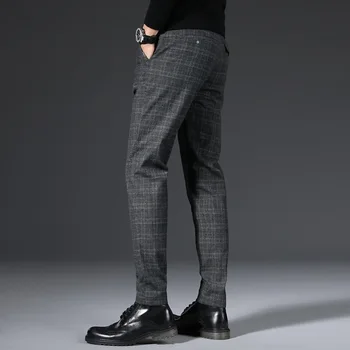 Novi poslovni moški priložnostne hlače Preveriti perilo, bombaž brušena stretch hlače Modni trend ravne noge plus runo slim hlače