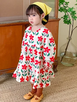 Otroci Oblačila 1-6 Let Sladka Dekleta, Obleko Cvet Česanega Bombaža Dolgo sleeved Baby Toddler Priložnostne Moda Princesa Obleke