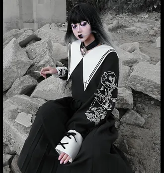 Prvotni Načrt Bolan Gothic Black JK bo Ustrezala Luna Navzkrižno Tiskanja Dolgo nabrano Krilo Mornar Nastavite Pomlad Dekleta Japonske Ženske Oblačila