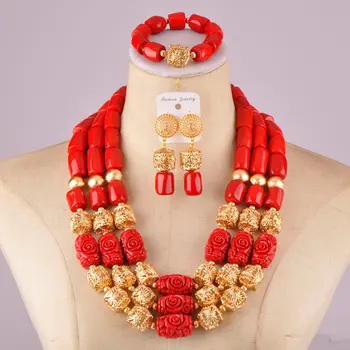 Razkošno afriška poroko kroglice nigerijski rdeče korale ogrlica nakit set C21-28-03