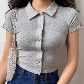 River Trdna Slim Fit T-Majice Ženska Moda Enotni-Zapenjanje Kratek Sleeved Majica s kratkimi rokavi Ženske korejski Priložnostne Čipke Crop Zgornji del Ženske 2021