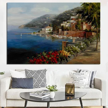 Tiskanje Povzetek Resort Sredozemlju Seascape Vrt Krajine Oljna slika na Platnu Moderna Plakat Stenske Slike za dnevno Sobo