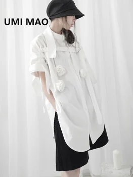 UMI MAO Yoji Yamamoto Slog Temno Črno Tri-dimenzionalni Cvet Majica ženska Kratka sleeved Stand-up Ovratnik Nezakonitih Bluzo