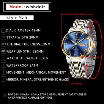 WISHDOIT Swiss Watch Moške Mehanski Avtomatski Votlih Watch Velik gumb za Izbiranje Vodotesen Svetlobni 2021 Nova moška Moda Pazi Luksuznih