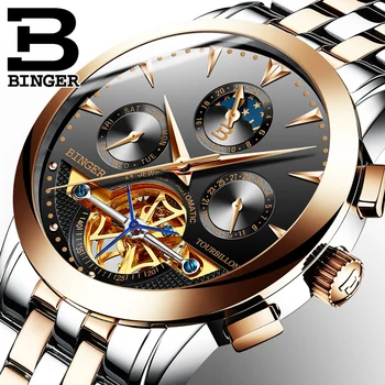 Švica luksuzni moške gledajo BINGER blagovne znamke Tourbillion Mehanske Ročne ure Safir celoti iz nerjavečega jekla, Ura Moška B1188-6