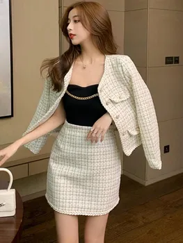 Ženske Tweed Jakno Obleko Korejski Elegantna Plašč + Krilo Uradi Dva Kosa Iz 2021 Jeseni, Pozimi Nov Modni Poslovne Ženske Tweed Obleko