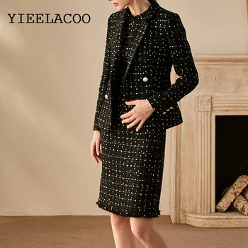 Strokovno obleko Črne tweed jakna + obleko brez rokavov Pomlad /Jesen ženska jakna ženske 2 kos Elegantno Profesionalni Set